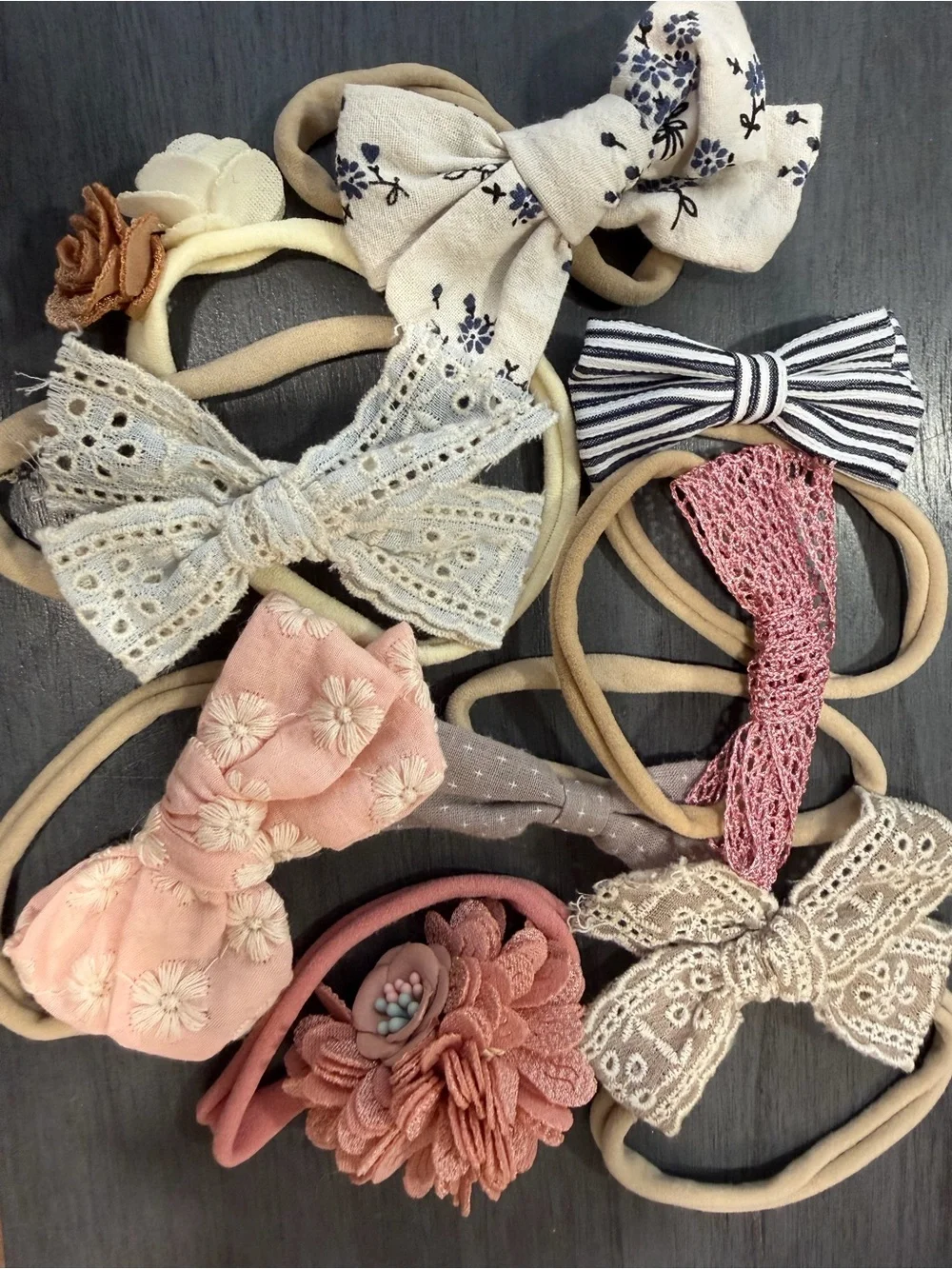 Kids Elastic Headband Set with Pink, Cream, Beige and White Bows